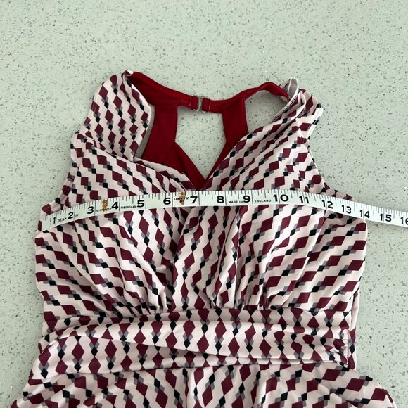 Allover Geometric Print One-piece Swimsuit, V Neck Tummy Control Skirted Bathing - Picture 5 of 6